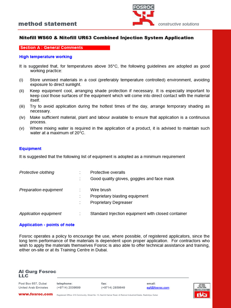 Nitofill WS60 UR63 Combined Injection System-Methodstatement | PDF ...
