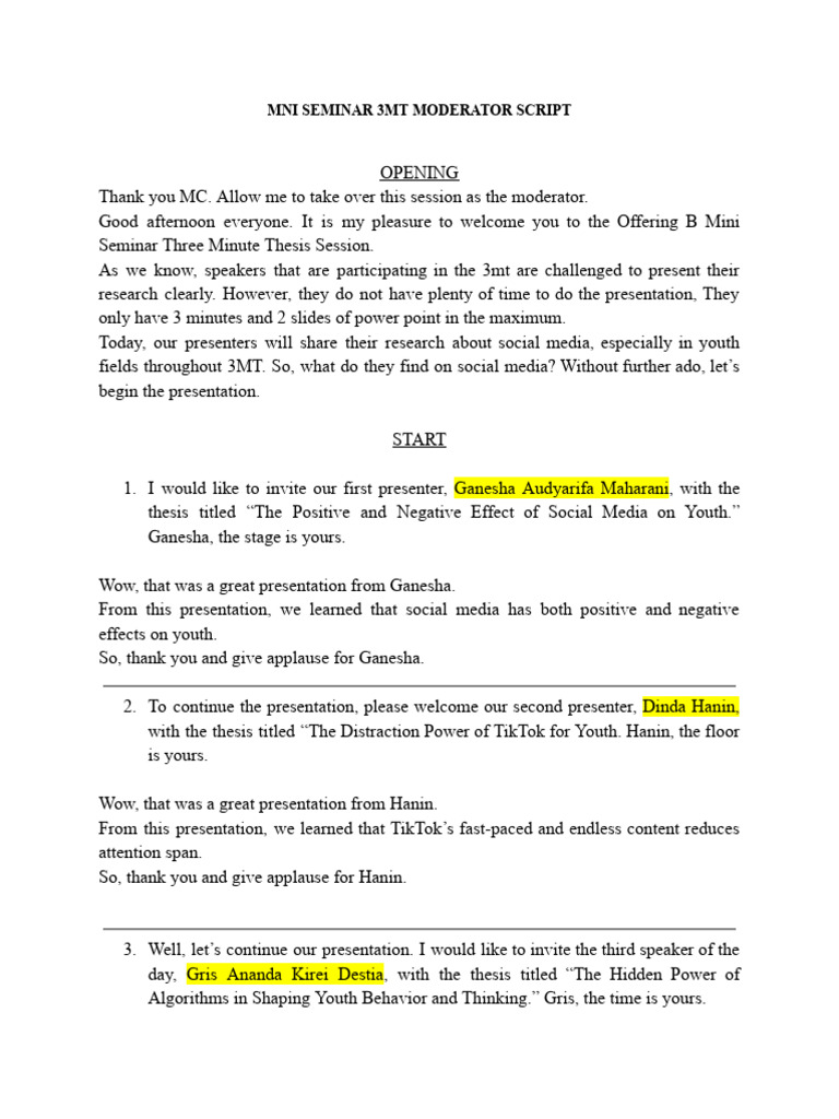 Mni Seminar 3mt Moderator Script | PDF | Cognition | Psychological Concepts