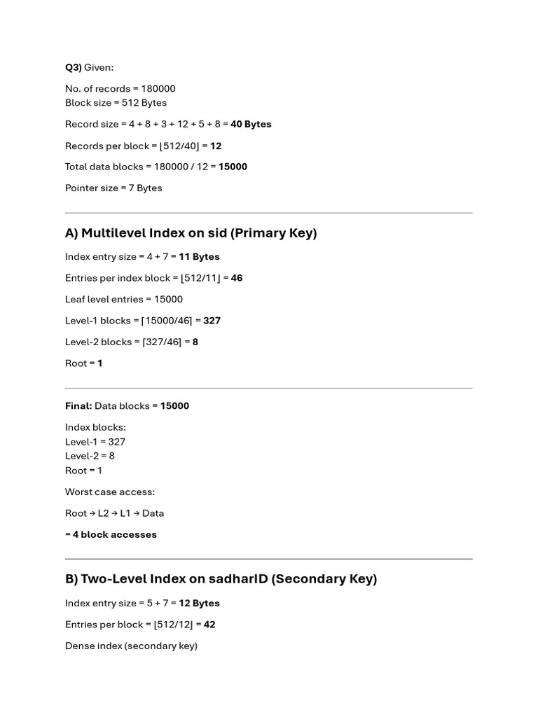 A) Multilevel Index On Sid (Primary Key) | PDF