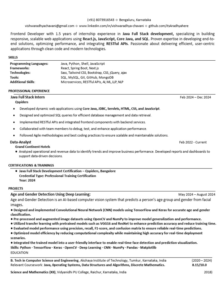 Vishwaradhya - Frontend - Full Stack Developer Resume | PDF | Java ...