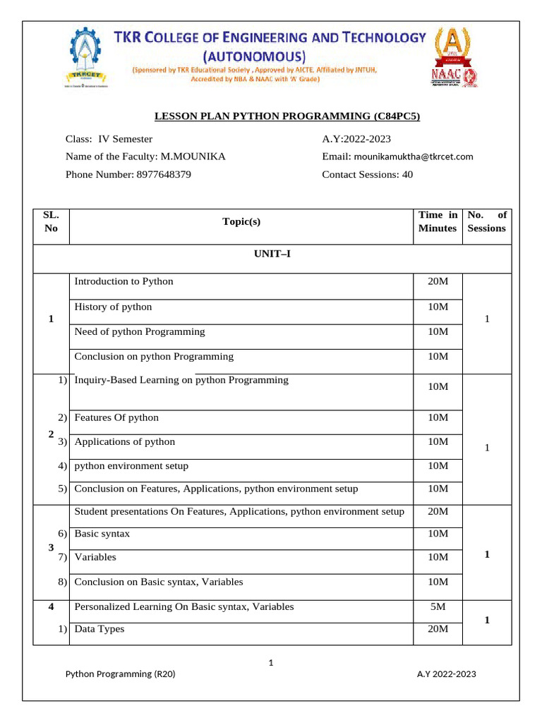Python Lesson Plan II-II A Sec | PDF | Parameter (Computer Programming ...
