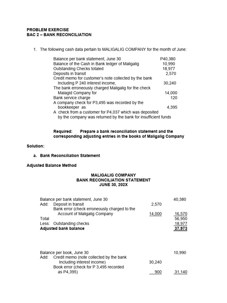 Bank Reconciliation Problem Exercise Solution For Classroom Discussion ...