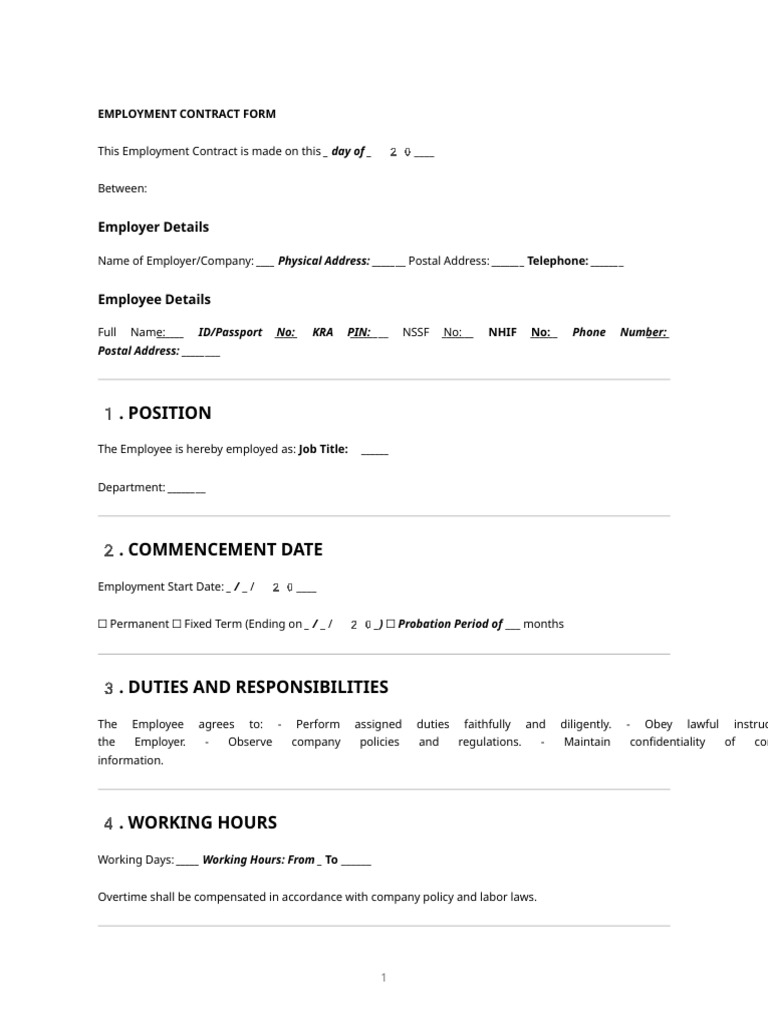 Employment Contract Form | PDF | Employment | Labour Law