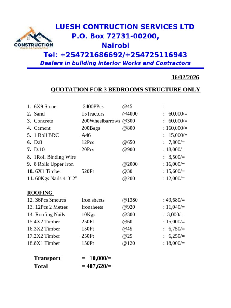 Quotation For 3 Bedrooms Structure Only | PDF