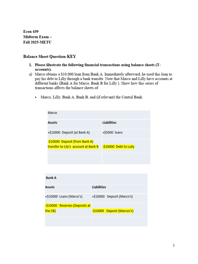Econ439 MT1 Fall2025 Key Balance Sheet | PDF | Banks | Deposit Account