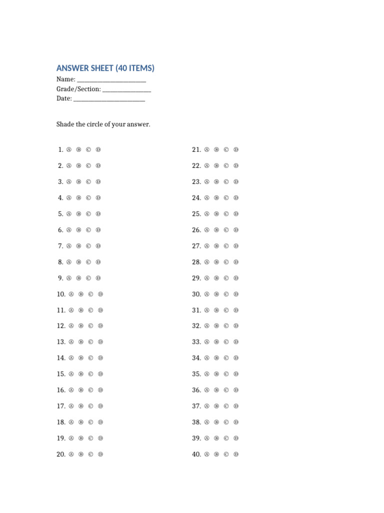 Answer Sheet 40 Items | PDF