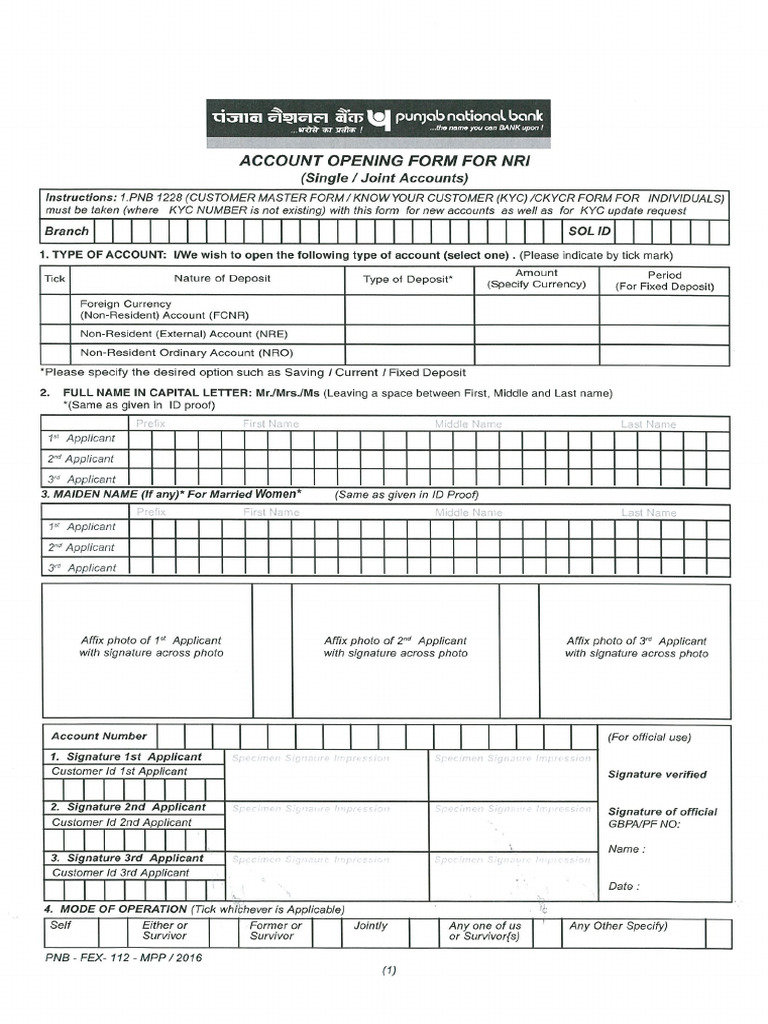 PNB 112 Account Opennig Form For Nri - 1 | PDF
