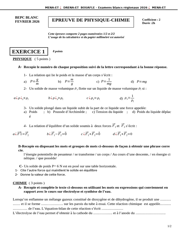 Sujet PC Bepc 2026 | PDF | Chimie | Sciences physiques