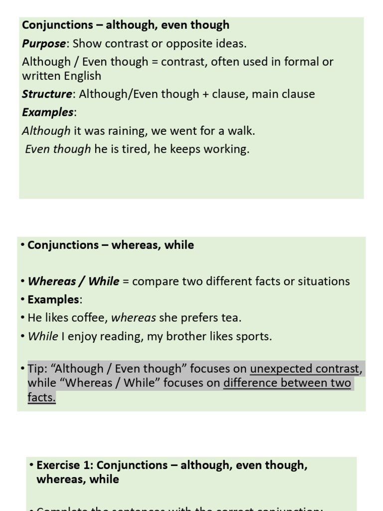 Purpose: Conjunctions Although, Even Though | PDF