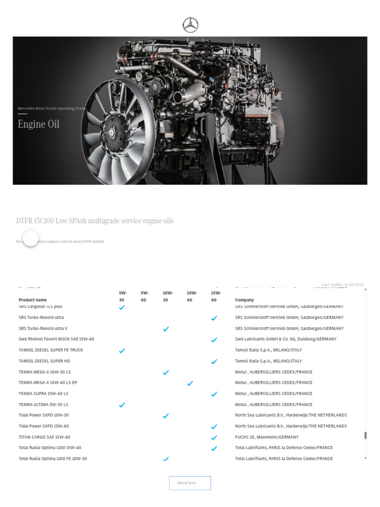 DTFR 15C100 _ Engine Oil _ Mercedes-Benz Trucks Operating Fluids | PDF ...