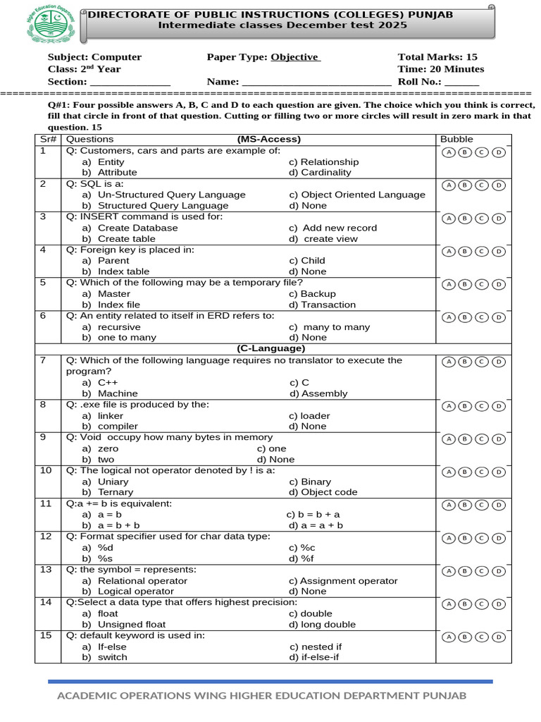 CS Part-II Dec Test (Paper 1) | PDF | Computer Program | Programming
