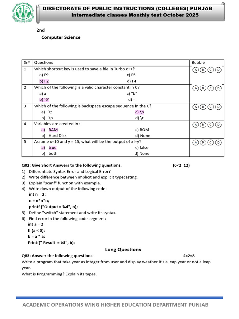 Paper 2 2nd Year (8-12) Computer Science Oct Test | PDF | Computer ...