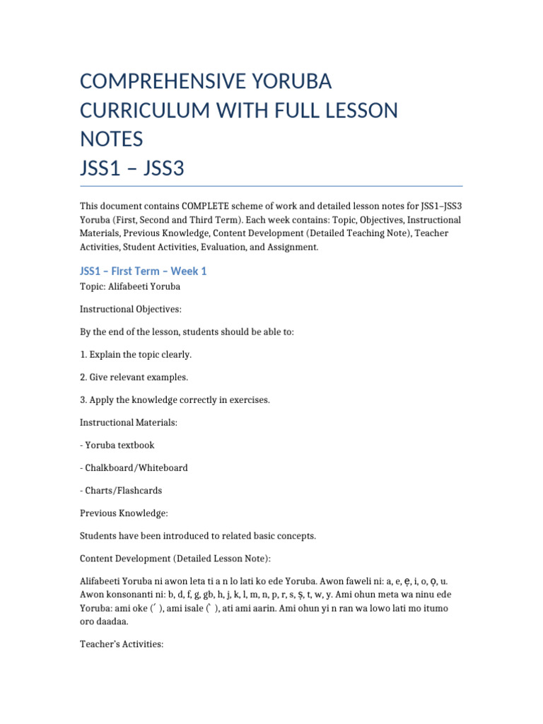 Yoruba Jss1 To Jss3 Full Scheme and Detailed Lesson Notes | PDF