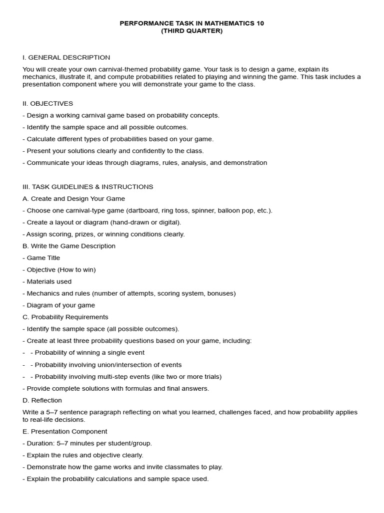 Performance Task in Mathematics 10 Third Quarter | PDF | Probability ...
