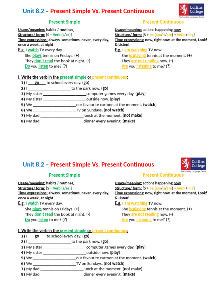 Unit 8.2 - Present Contiuous & Present Simple | PDF | Linguistics | Syntax