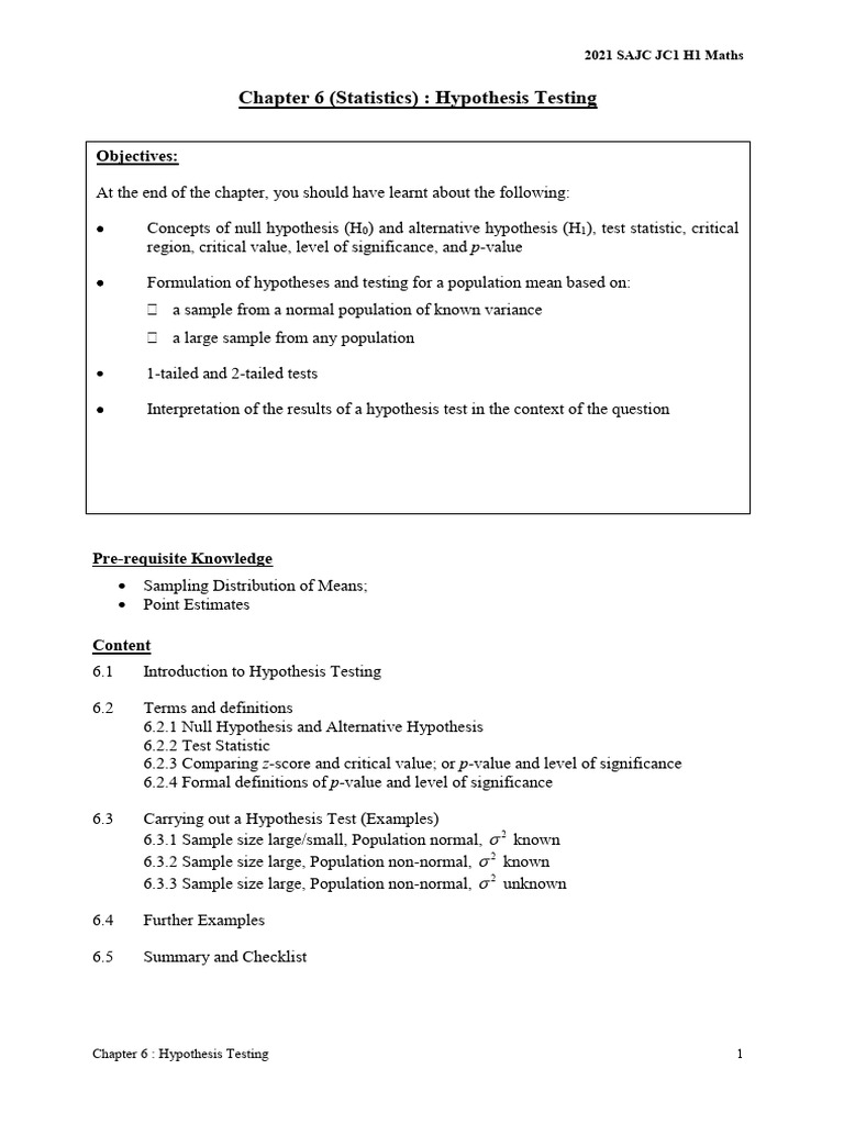 2021 H1 Chapter 6 Math Hypothesis Testing Notes - Teacher - V2 | PDF ...