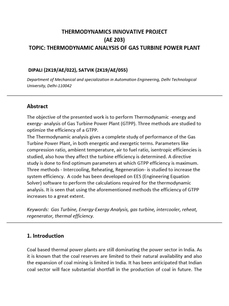 Thermodynamic Analysis of Gas Turbine Power Plant | PDF | Exergy | Turbine