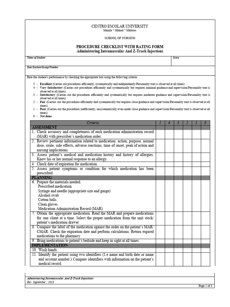 L1 Checklist Administering Intramuscular and Z Track Injection | PDF ...