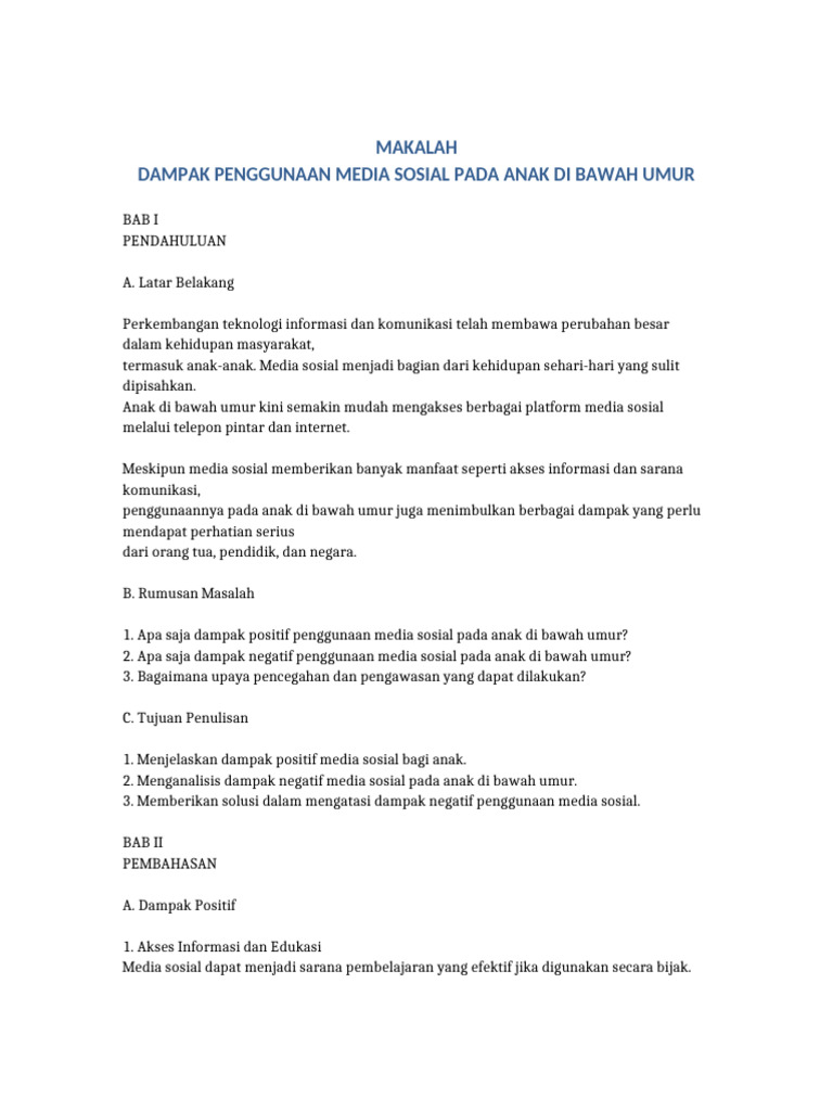 Makalah Dampak Penggunaan Media Sosial Pada Anak Di Bawah Umur | PDF