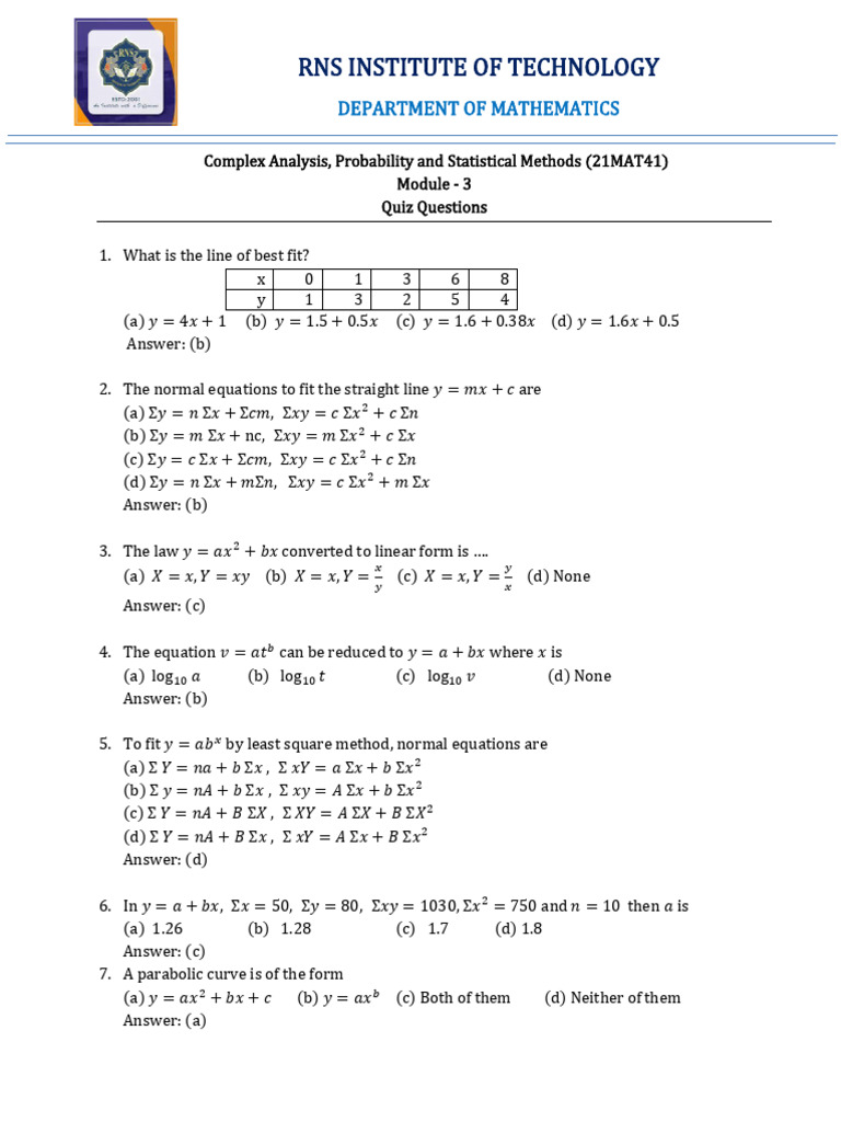 21MAT41 - Module 3 (Quiz Question Bank) | PDF | Data Analysis | Mathematics