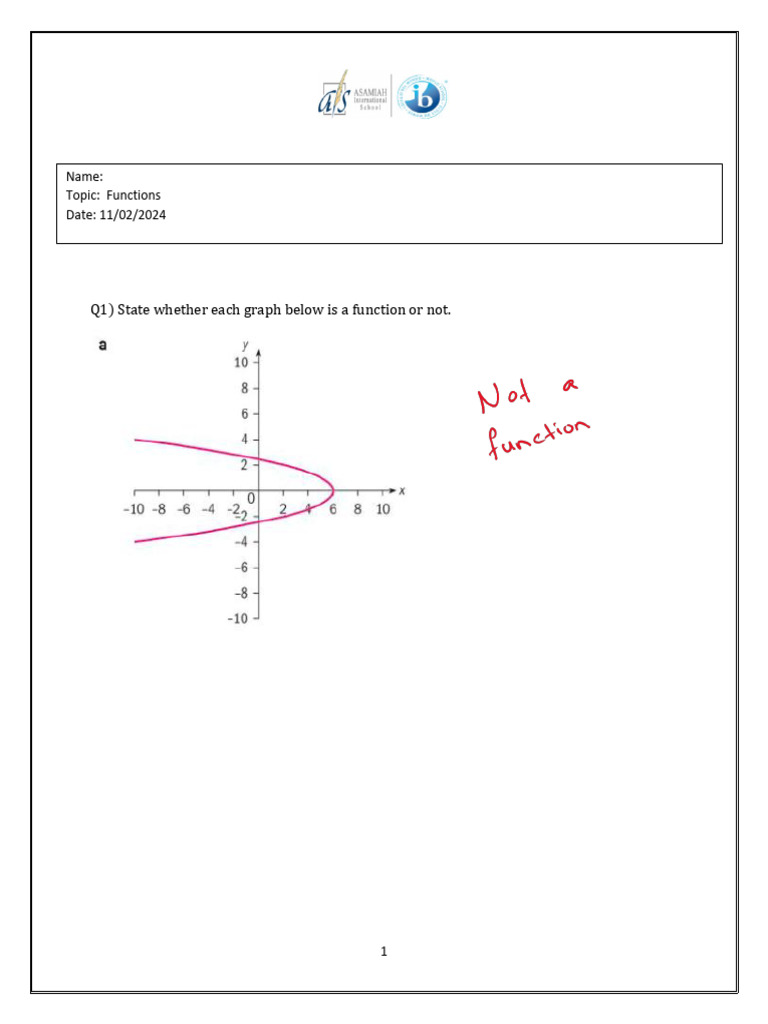 Worksheet 7 - Functions Answer Key | PDF