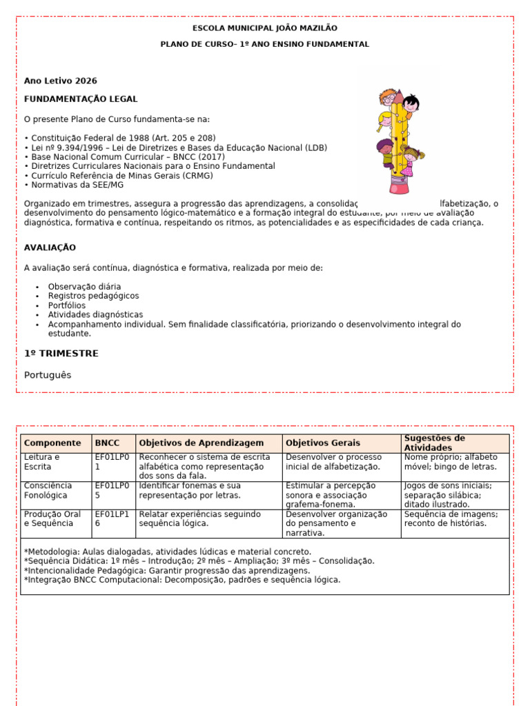 Plano de Estudo 1º Ano 2026 | PDF | Pedagogia | Aprendizado