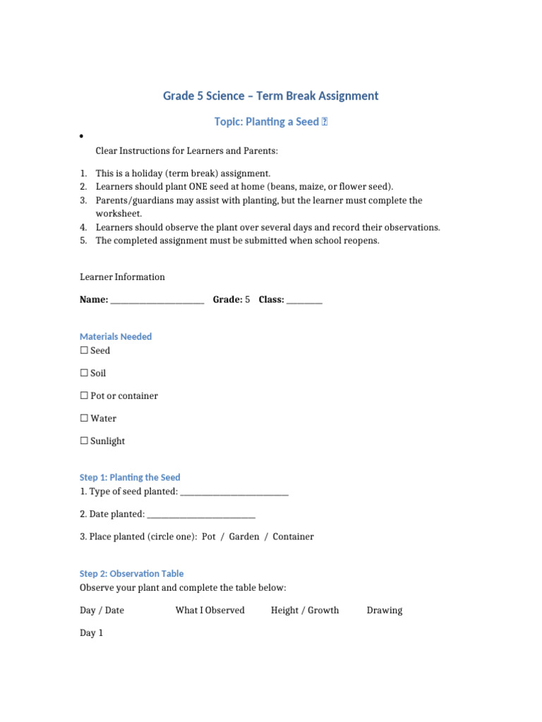 Grade 5 Term Break Science Assignment Planting A Seed | PDF