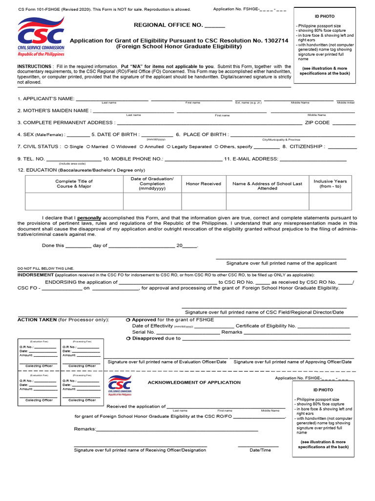 CS Form 101-FSHGE Revised 2020 | PDF | Identity Document