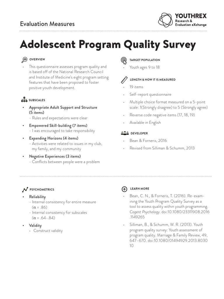 Adolescent Program Quality Survey | PDF | Self Report Study ...