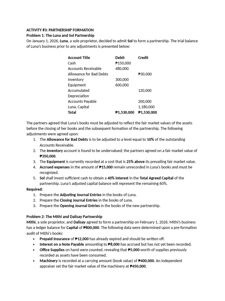 ACTIVITY3 Partnership Formation | PDF | Debits And Credits | Balance Sheet