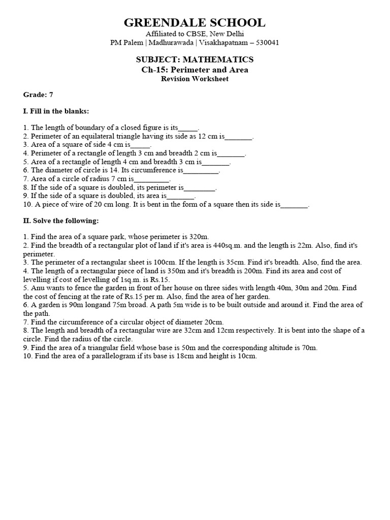 Greendale Class7 Ch15 Worksheet | PDF