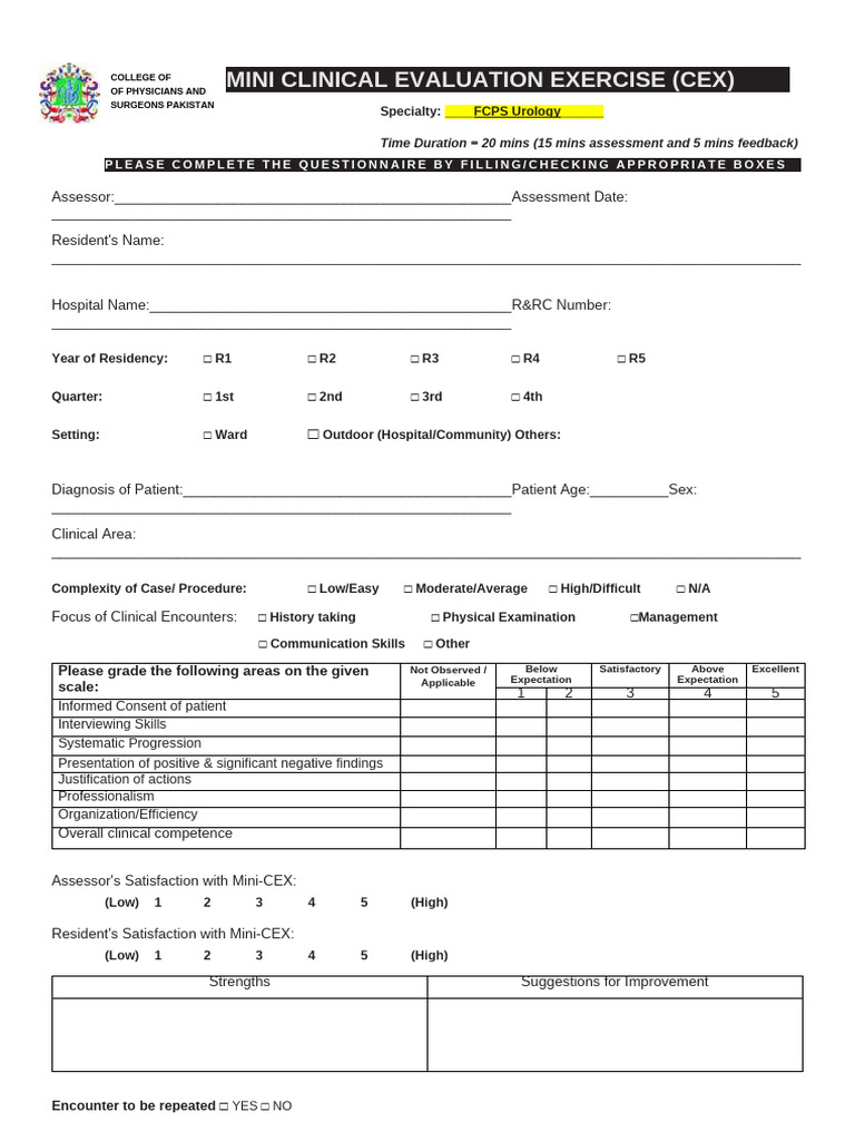 Mini-CEX Form (Generic) For FCPS Urology | PDF | Residency (Medicine ...