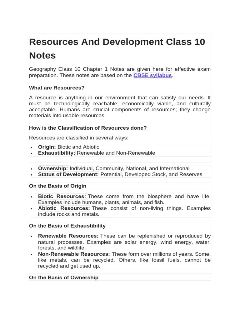 Resources and Development Class 10 Notes Geo 1 | PDF | Soil | Erosion