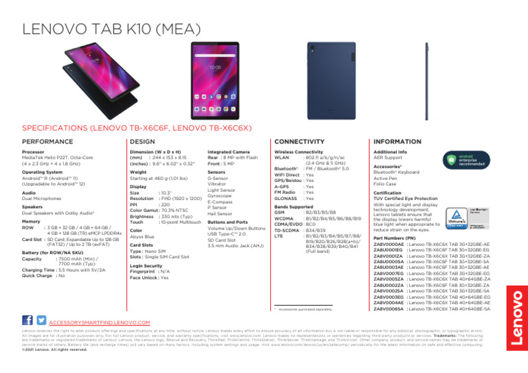 Lenovo Tab K10 MEA Datasheet en | PDF | Computer Hardware | Personal ...