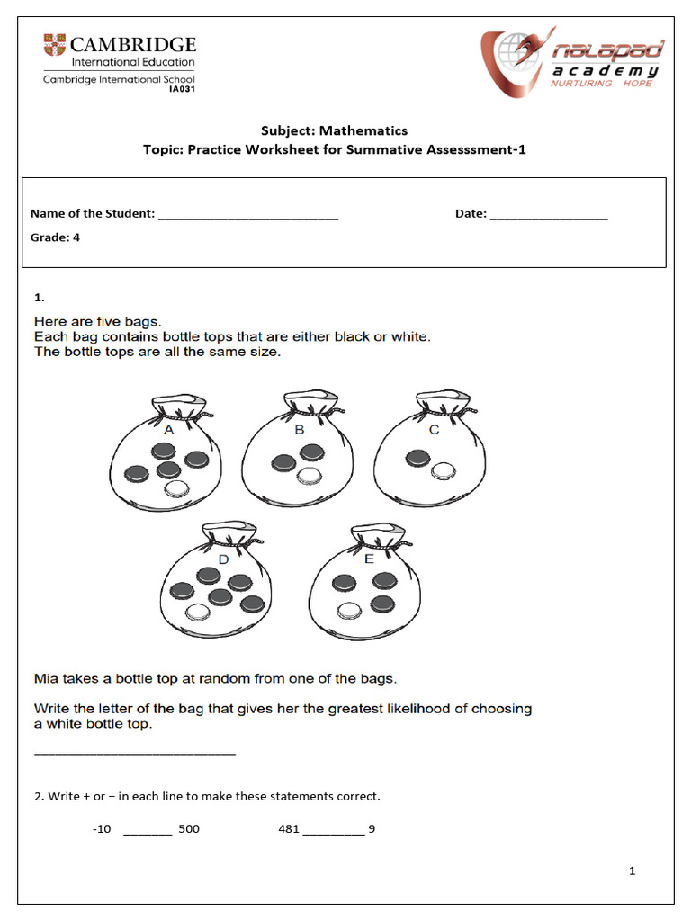 Subject: Mathematics Topic: Practice Worksheet For Summative ...
