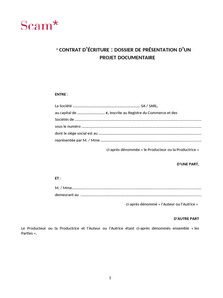 Contrat D Écriture Dossier DE Présentation D UN Projet Documentaire ...