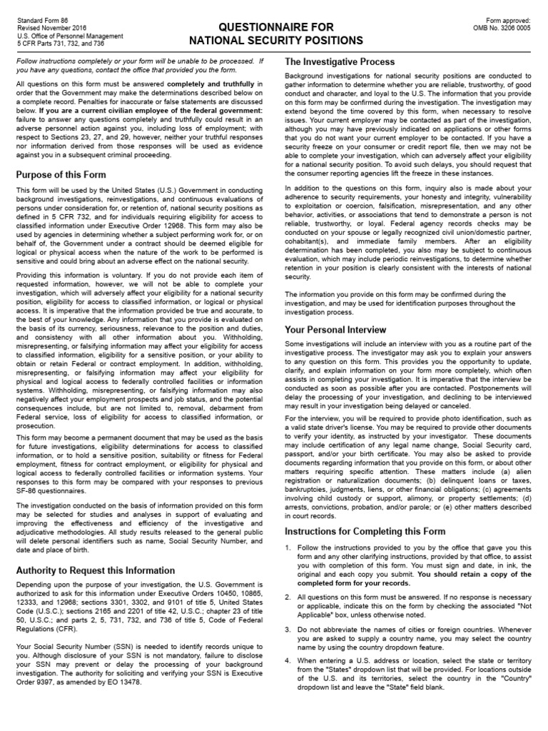Standard Form 86 - Questionnaire for National Security | PDF | United ...