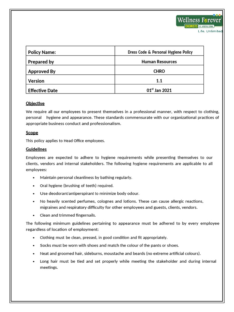 Dress Code & Personal Hygiene Policy | PDF | Hygiene | Trousers
