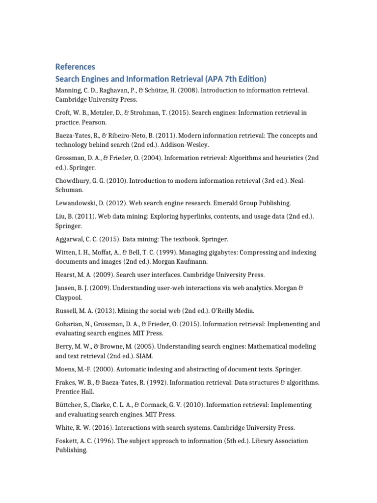 Search Engines References APA | PDF | Information Retrieval | Information