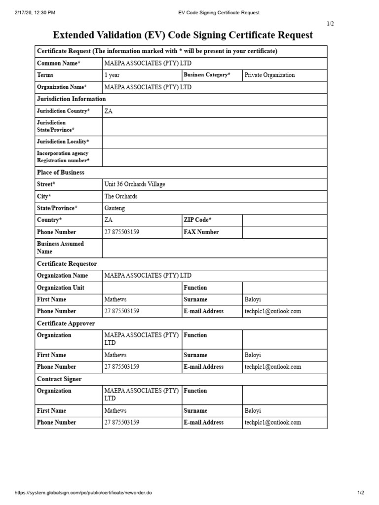 EV Code Signing Certificate Request | PDF | Public Key Cryptography