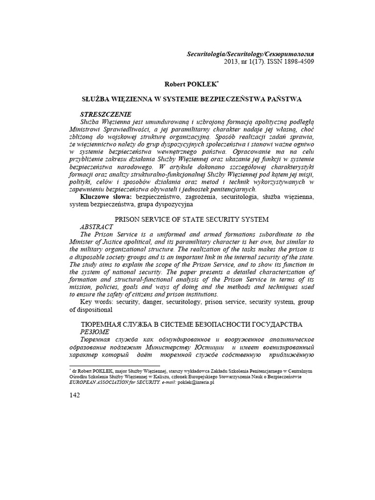 Poklek - Sluzba Wiezienna W Systemie Bezpieczenstwa Panstwa | PDF