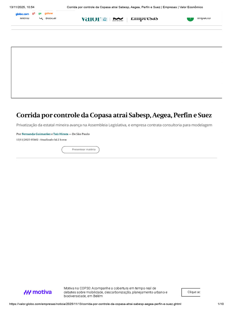 Corrida Por Controle Da Copasa Atrai Sabesp, Aegea, Perfin e Suez ...