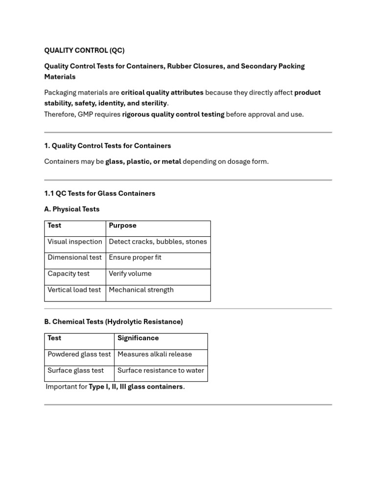 Quality Control Tests For Containers | PDF | Glasses | Natural Rubber