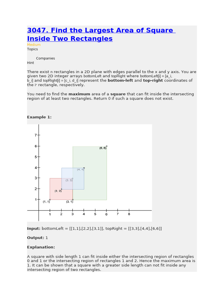 LEETCODE QN 3047. Find The Largest Area of Square Inside Two Rectangles ...