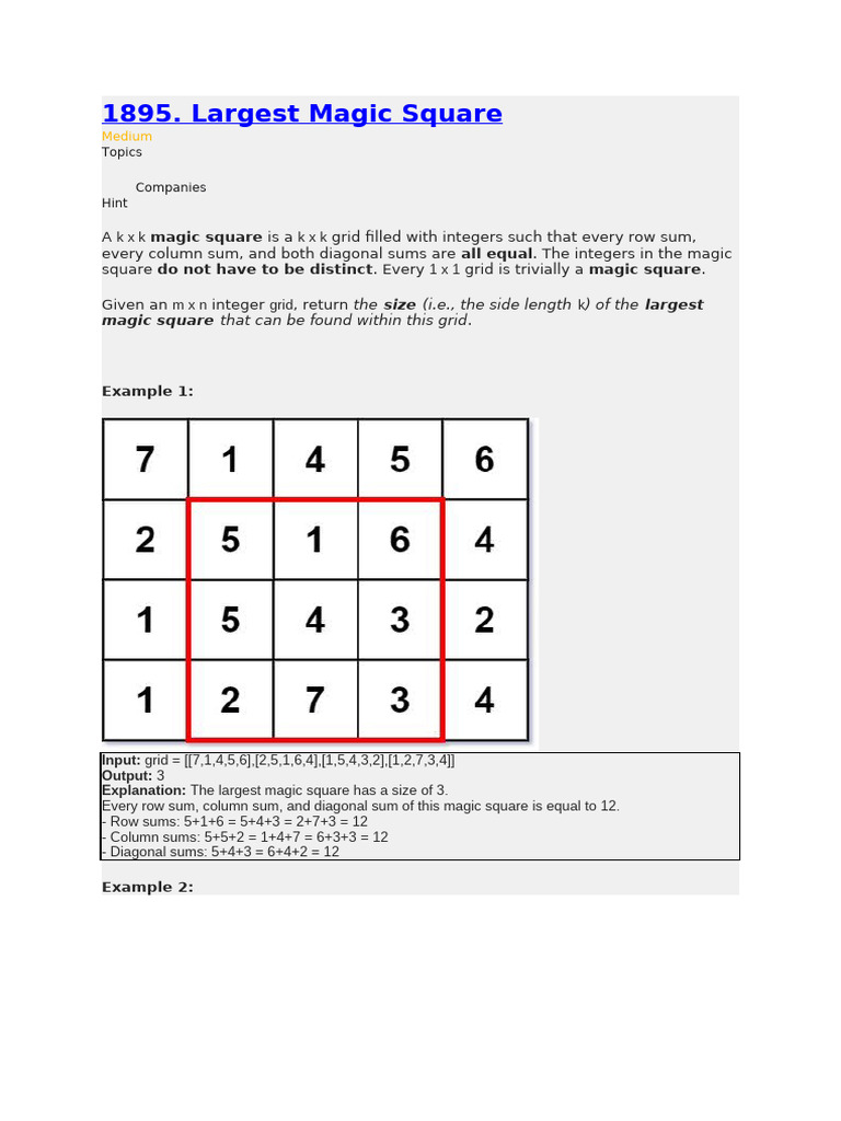 LEETCODE QN 1895. Largest Magic Square | PDF