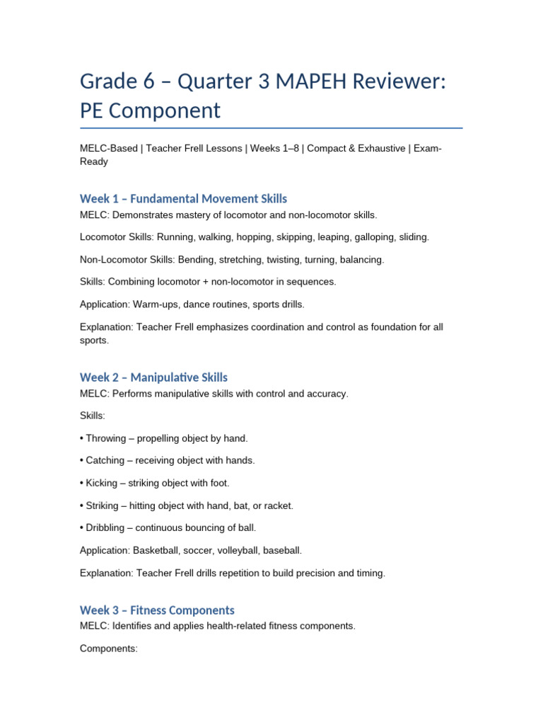 Grade6 Q3 MAPEH PE Reviewer | PDF | Physical Fitness | Physical Exercise