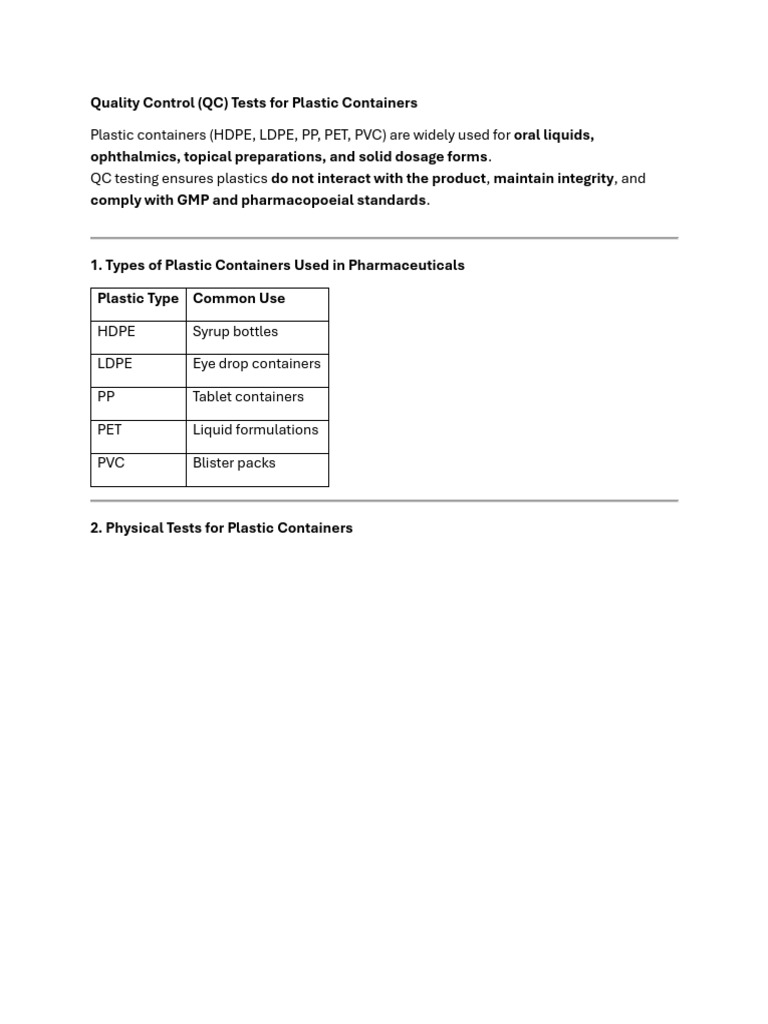 Quality Control Tests Plastic Container | PDF | Plastic | Toxicity