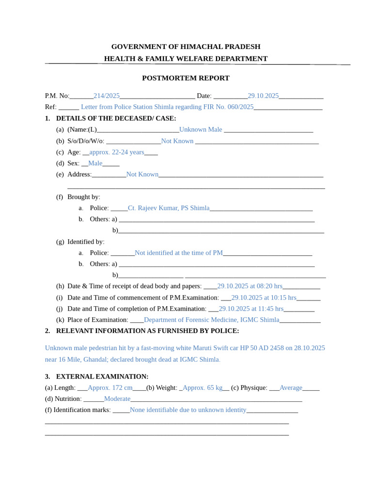 Post Mortem Report Format | PDF | Skull | Abdomen