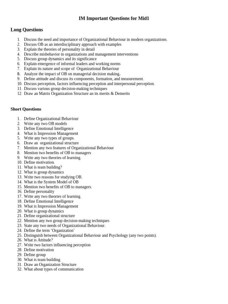 OB Important Questions For Mid1 | PDF