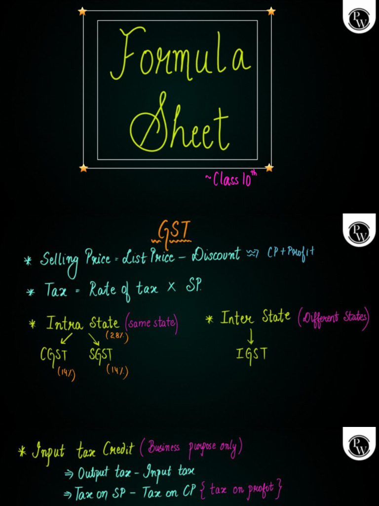 Maths Class 10th Formula Sheet | PDF